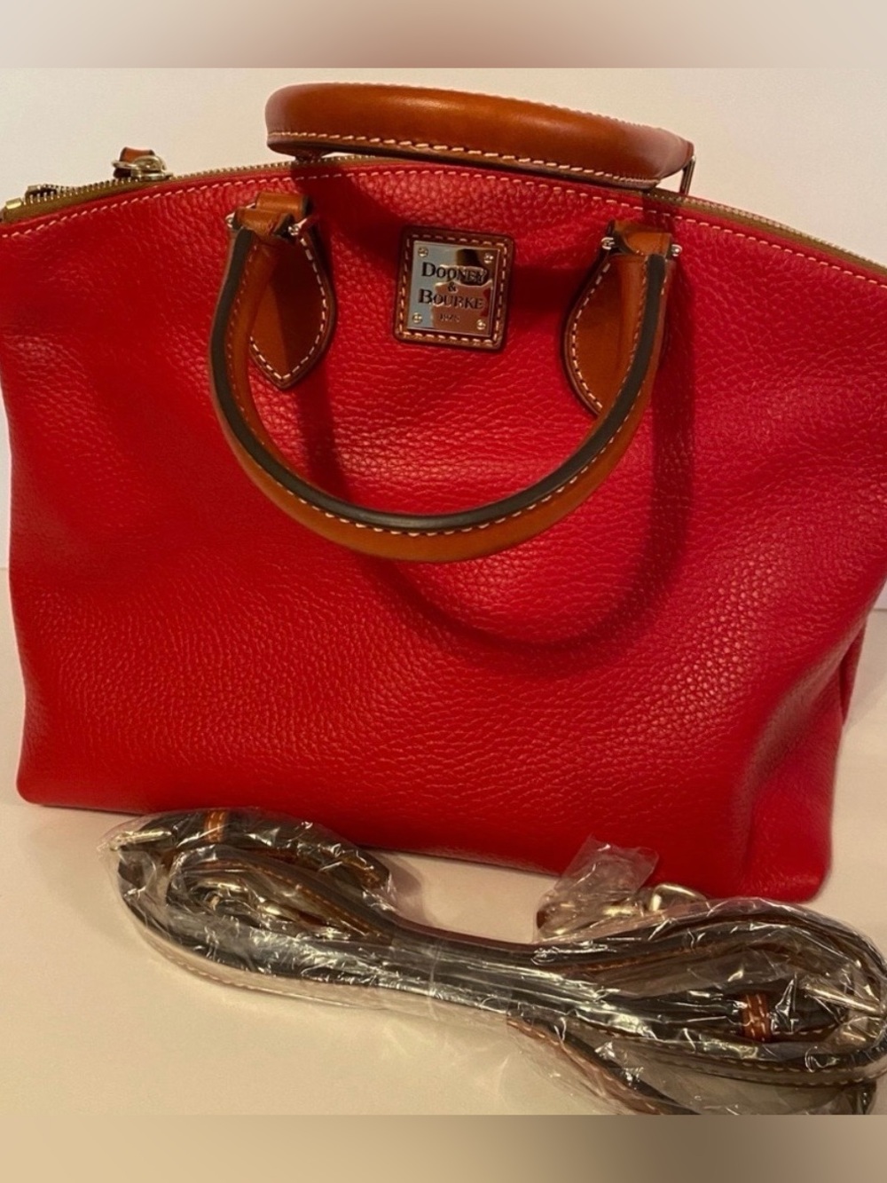 Dooney & Bourke Red Satchel with Brown Leather Trim
